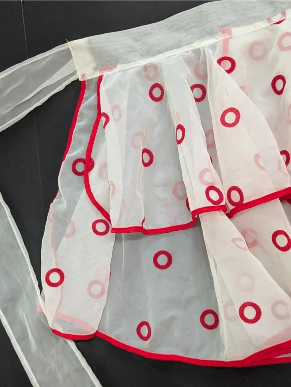 Vintage Sheer White Half Apron Embroidered Red Circles and Piping Polka Dot